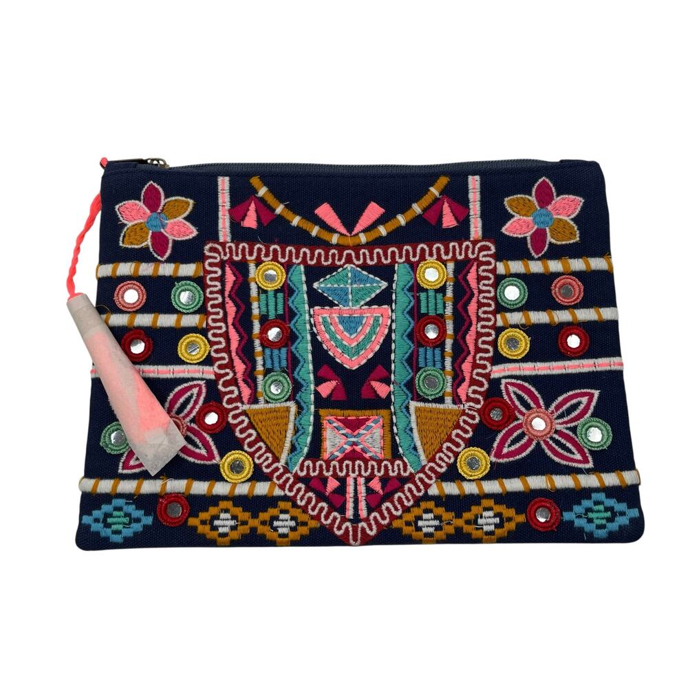 Lovestitch Boho Mirror Embroidered Clutch NWT Blue Southwestern Pouch
